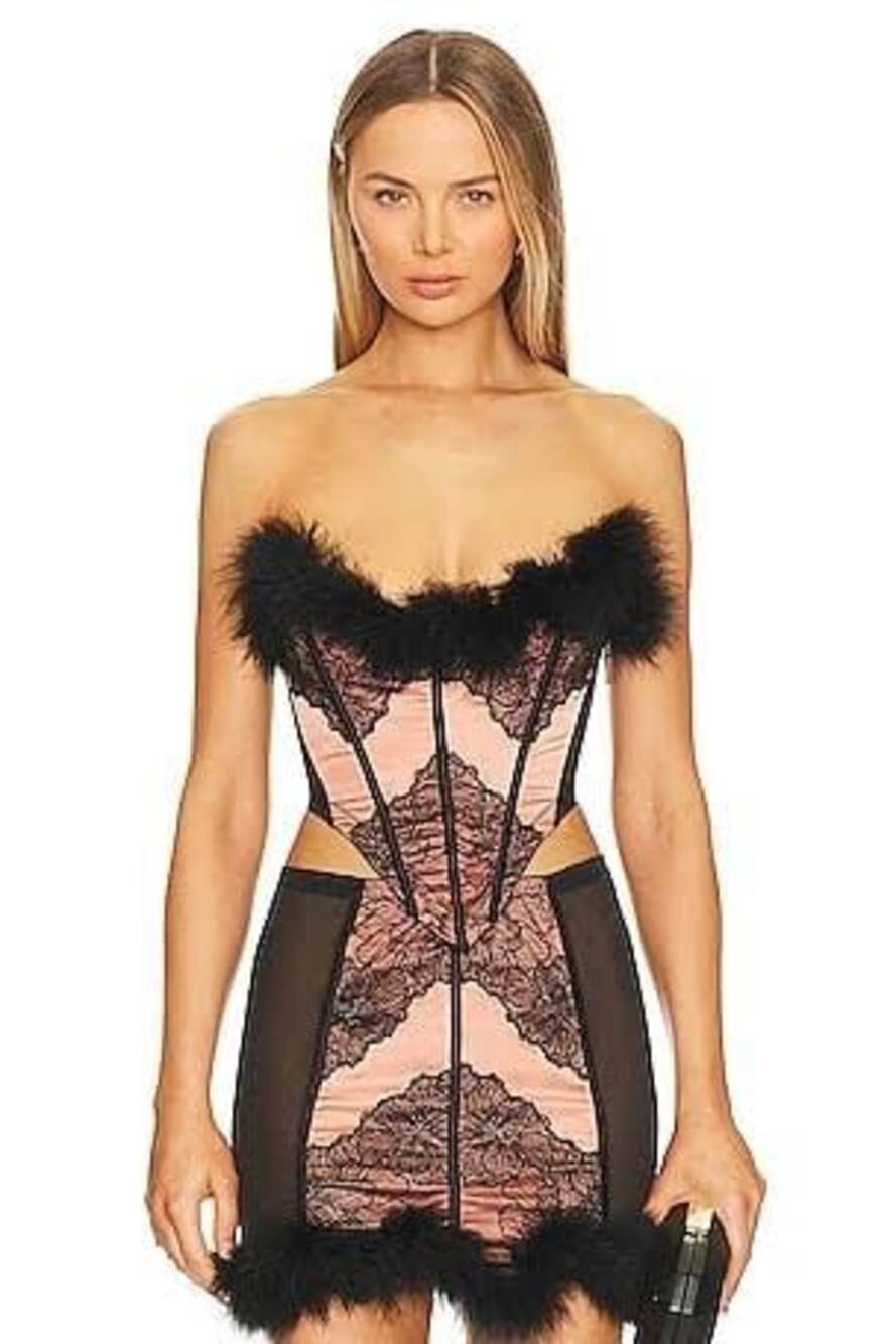 Thistle and Spire Fete Corset in Blush and Black with Feather Trim Small S